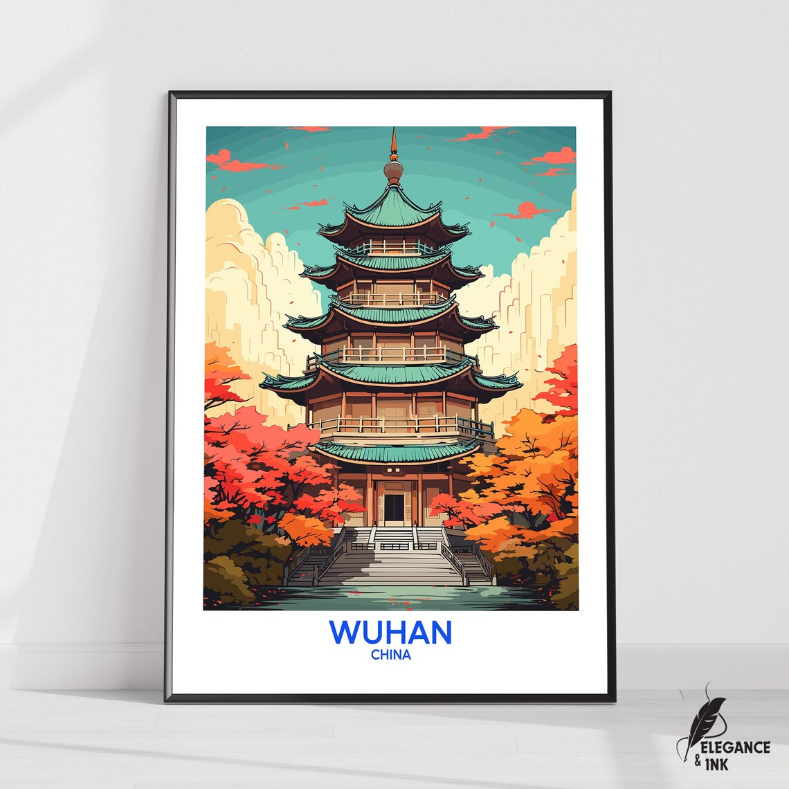 Wuhan China Autumn Pagoda Red Maple Temple Tower Fine Art Poster