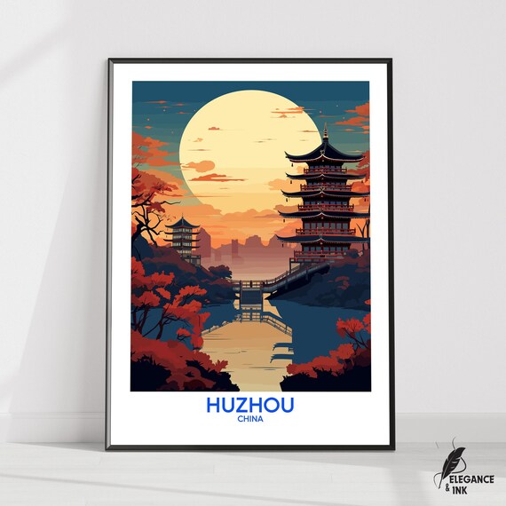 Huzhou Wall Hanging Posterhuzhou Flat Vector Illustration Canvas Zhejiang Handmade Wooden Frame And Unframed Colorful Vintage Gift
