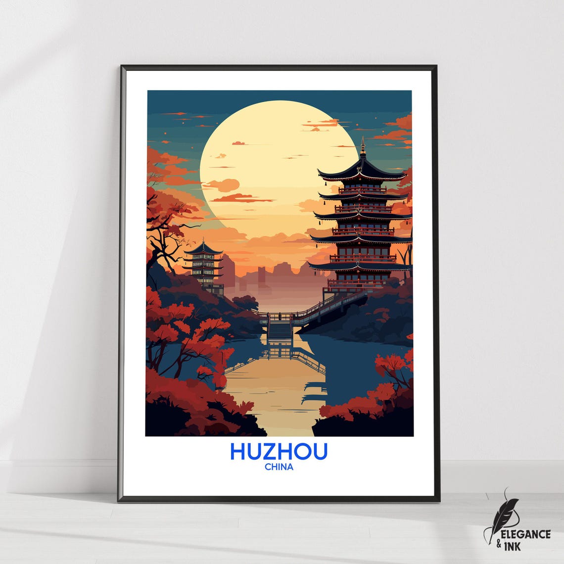 Huzhou China Pagoda Lake Full Moon Sunset Scene Travel Poster
