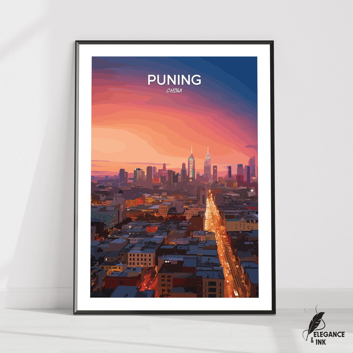 Puning China Sunset City Lights Panoramic Skyline Travel Poster