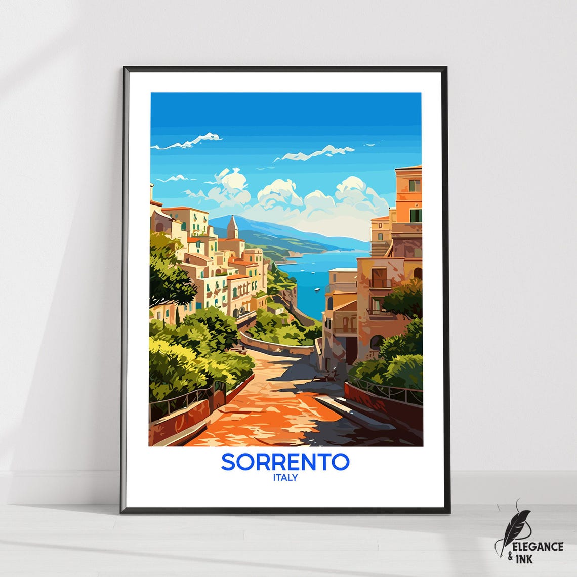 Sorrento Italy Retro Coastline Travel Poster With Name Below