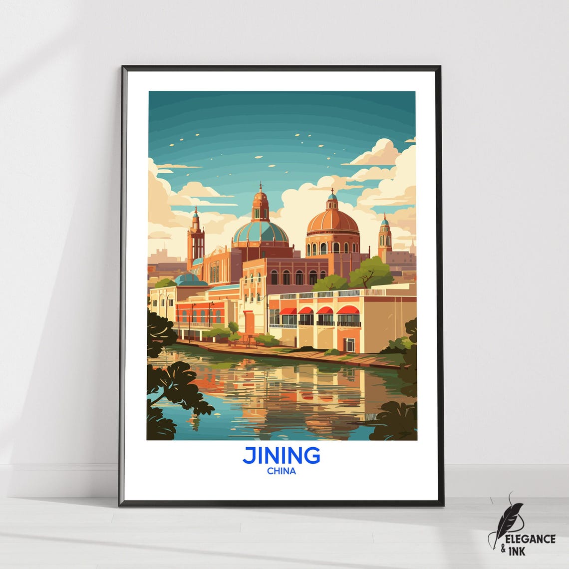 Jining China Domed Waterfront Vintage Style Illustration Poster
