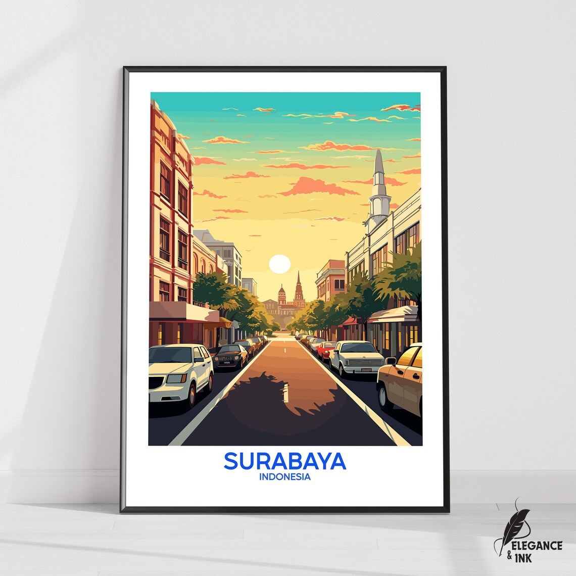 Surabaya Indonesia Golden Hour Street Scene Retro Travel Poster