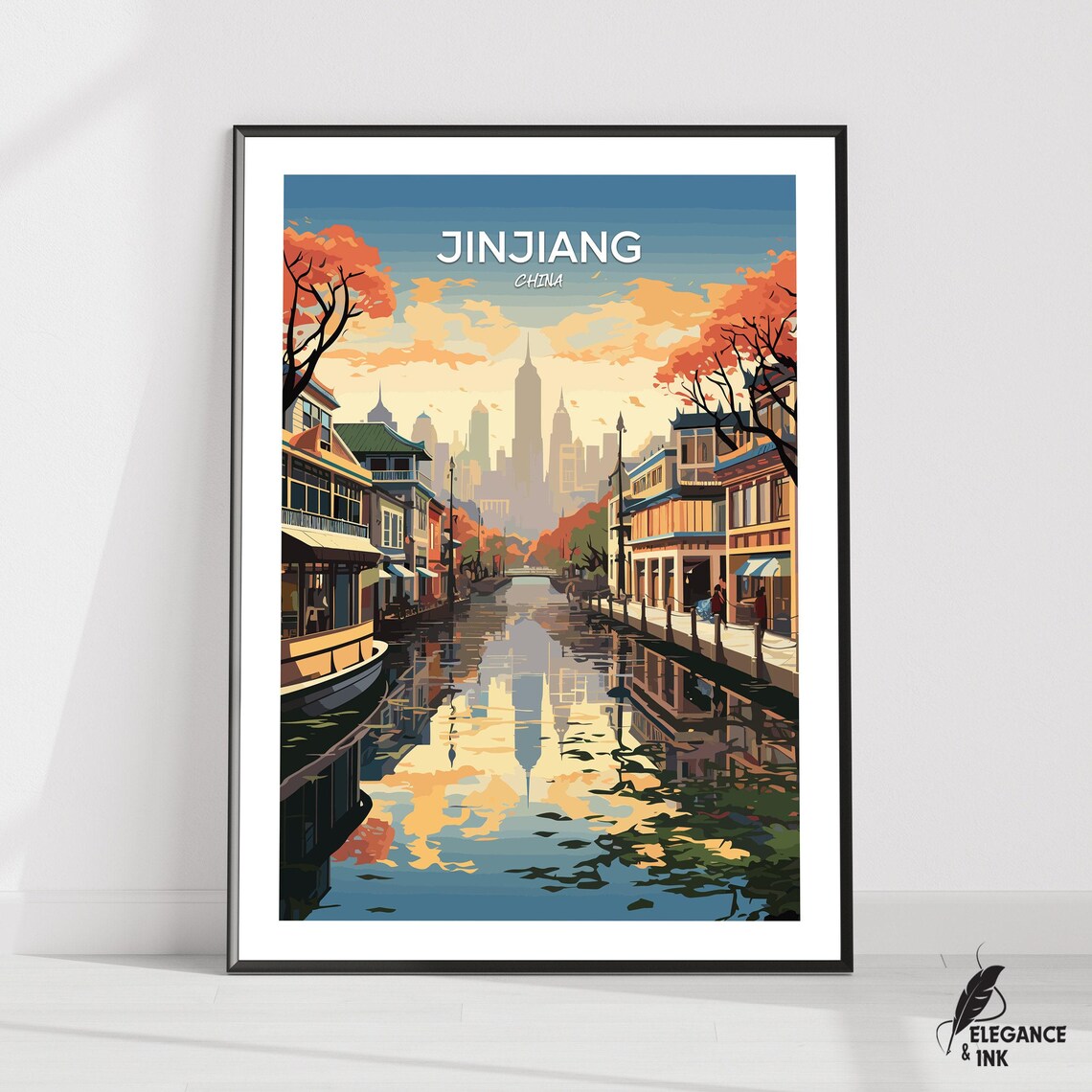 Jinjiang China Canal Waterfront Sunset In Artwork Title Poster