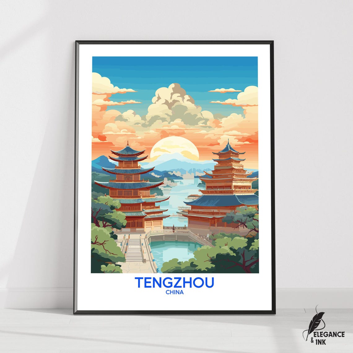 Tengzhou China Twin Pagodas Over Water at Sunset Travel Poster