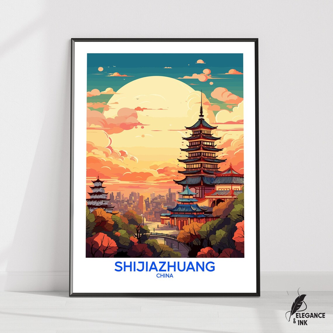 Shijiazhuang China Pagodas at Sunset Illustrated Travel Poster