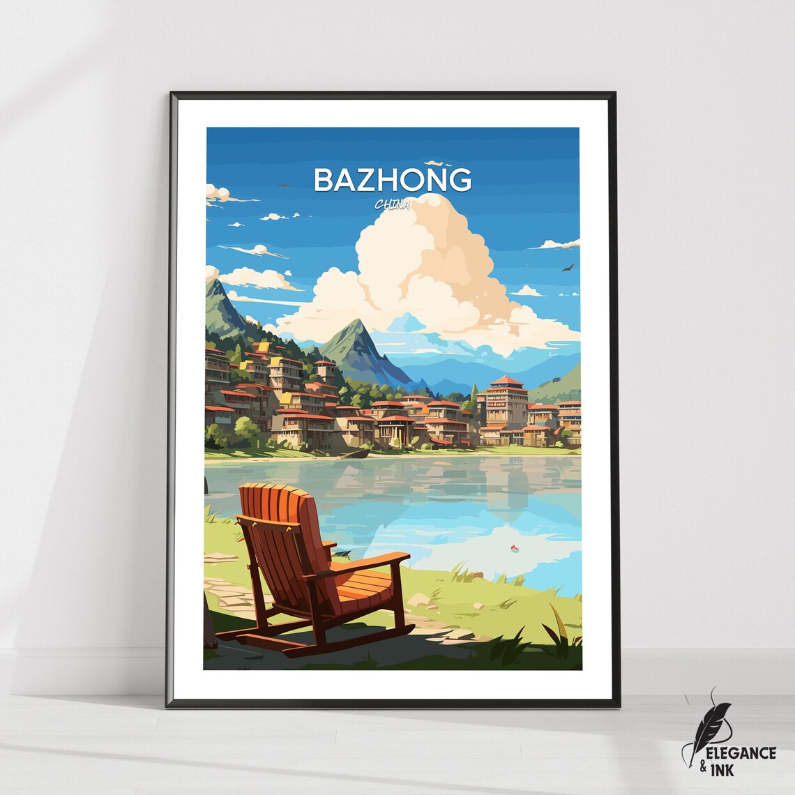 Scenic Bazhong China Lakeside Town Vintage Travel Poster Artwork