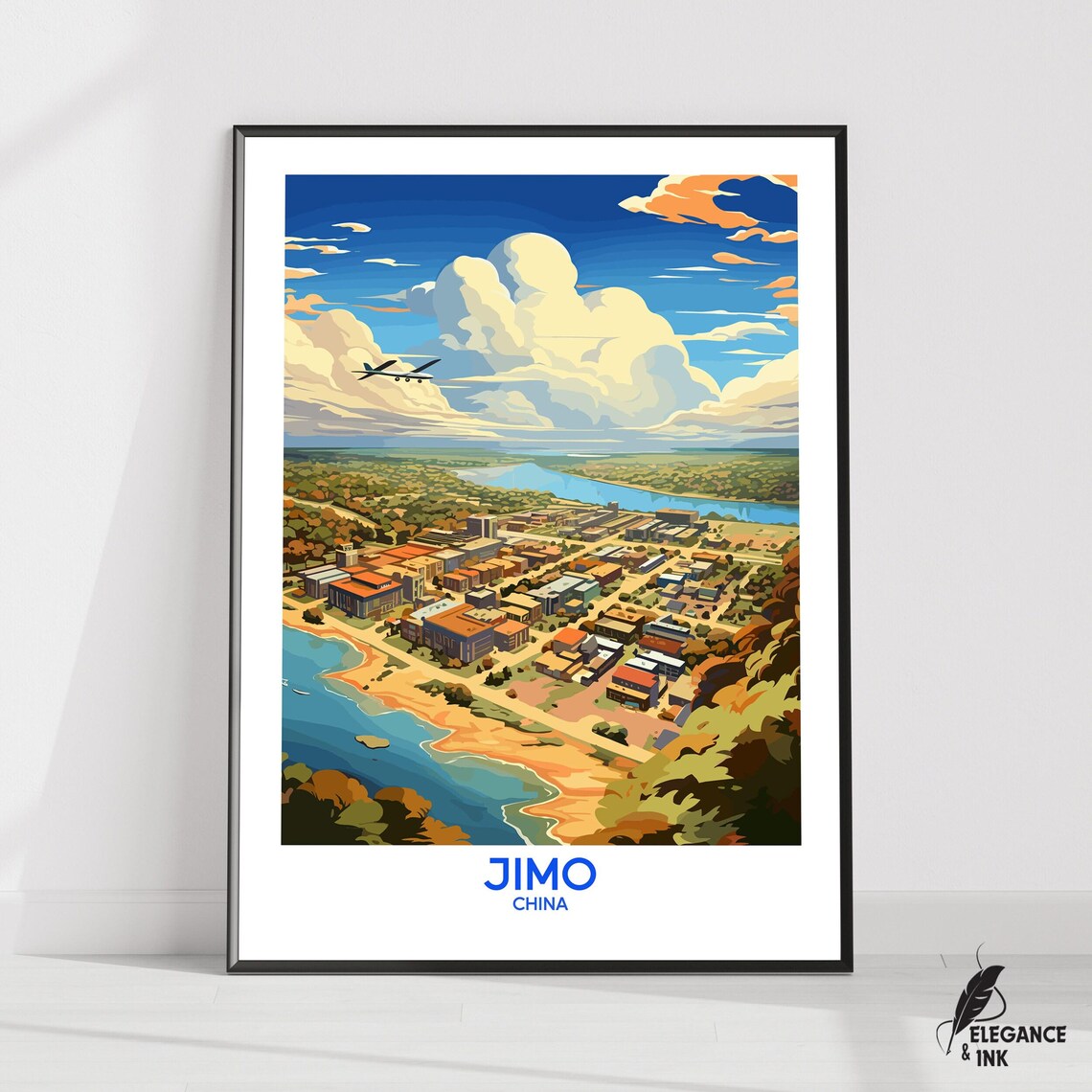 Jimo China Aerial Town River Vintage Blue Sky Daytime Travel Poster
