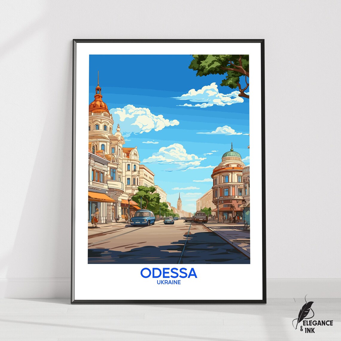 Odessa Ukraine Historic Street Blue Sky Vintage Travel Poster