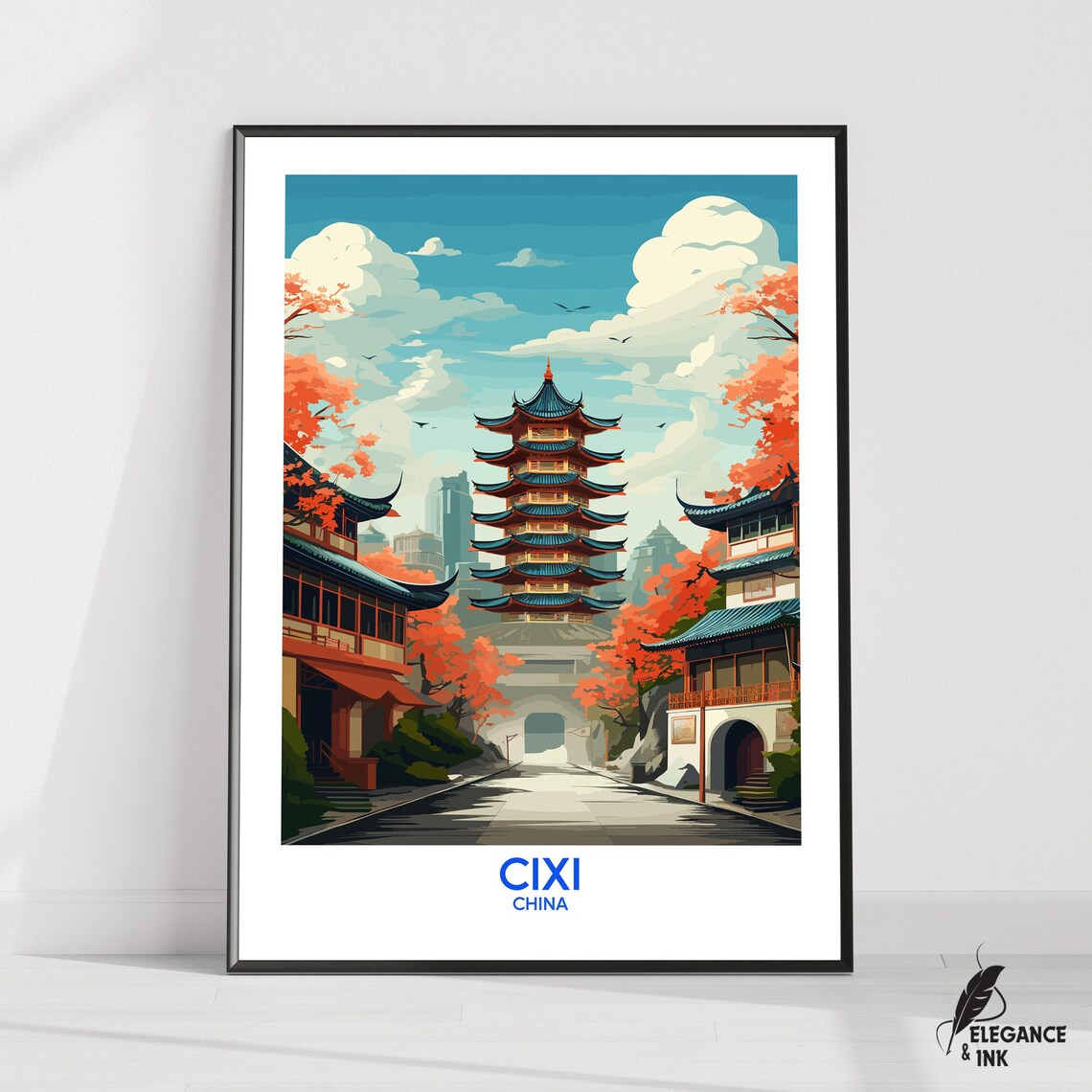 Cixi China Grand Autumn Pagoda Street Scene Vintage Travel Poster