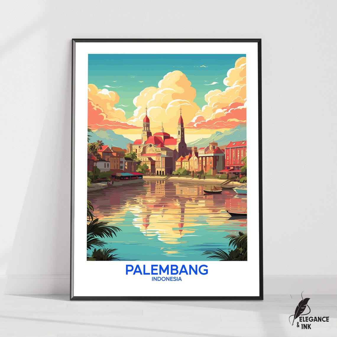 Palembang Indonesia Riverside Cathedral Vintage Travel Poster