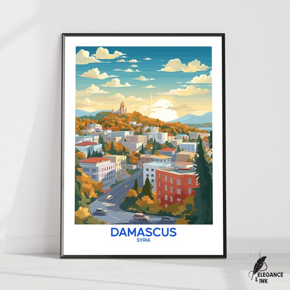 Damascus Wall Hanging Posterdamascus Flat Vector Illustration Canvassyria Handmade Wooden Frame And Unframed Colorful Vintage Gift