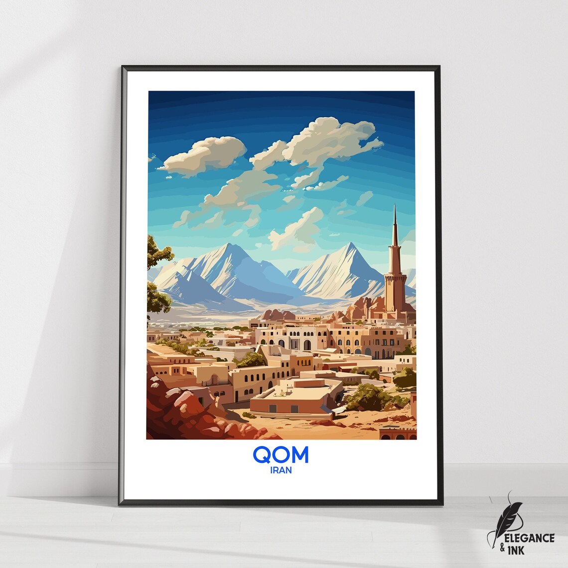 Qom Iran Desert Minaret Mountain Cityscape Retro Travel Poster