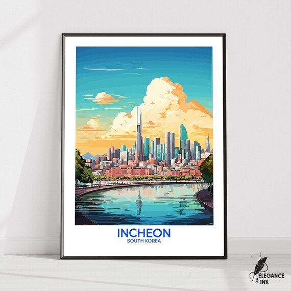 Incheon Wall Hanging Posterincheon Flat Vector Illustration Canvassouth Korea Handmade Wooden Frame And Unframed Colorful Vintage Gift