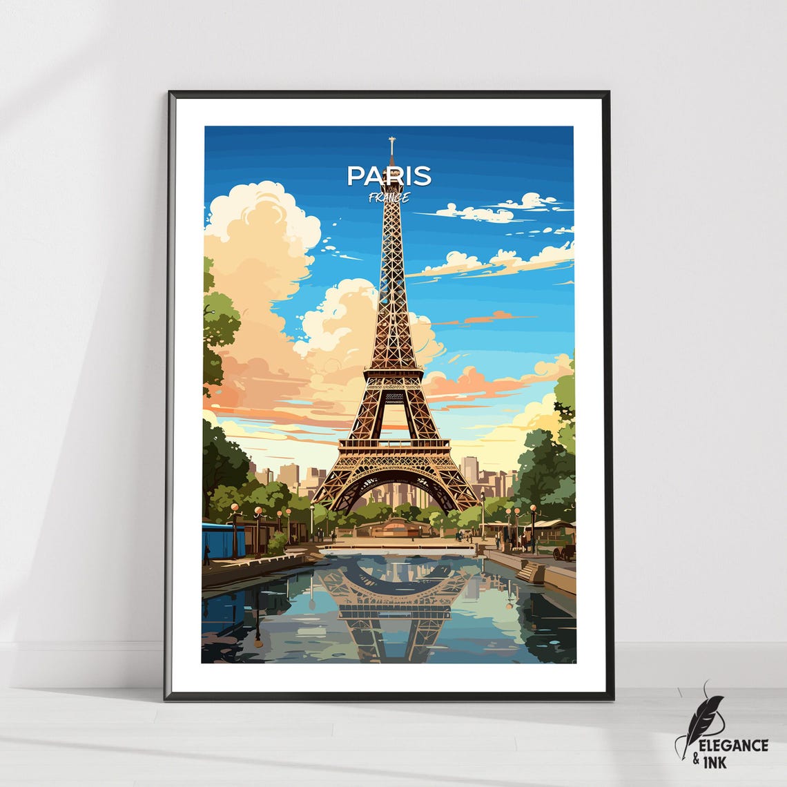 Paris Eiffel Tower River Reflection Travel Illustration Poster