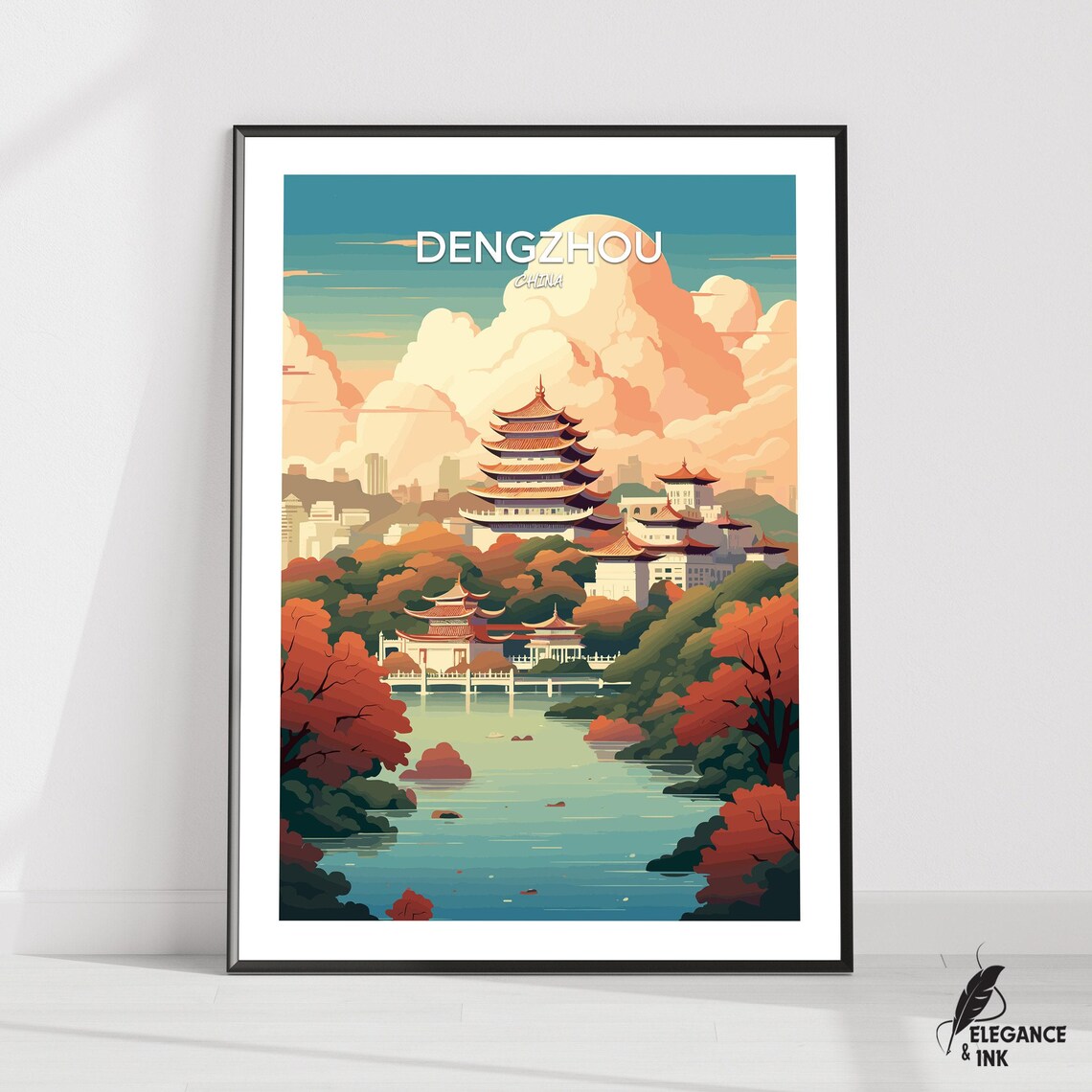 Dengzhou China Pagoda Lake Sunset Golden Vintage Travel Poster