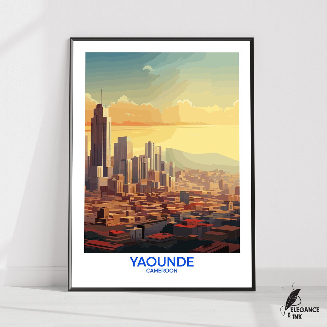 Yaounde Cameroon Vibrant Sunset Skyline Modern City Travel Poster