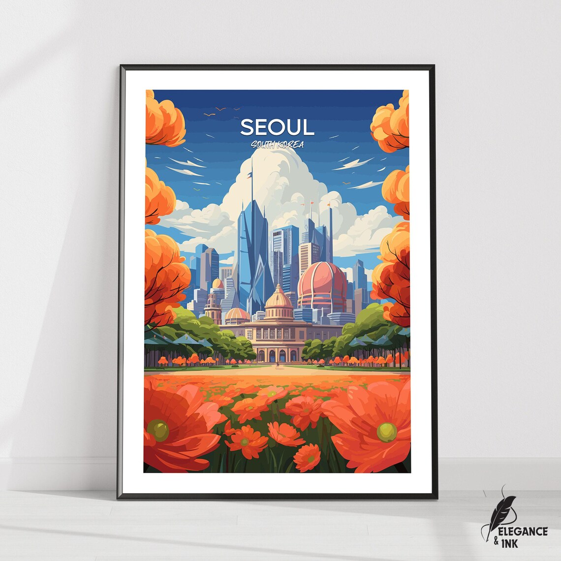 Seoul South Korea Colorful City Skyline Autumn Illustration Poster