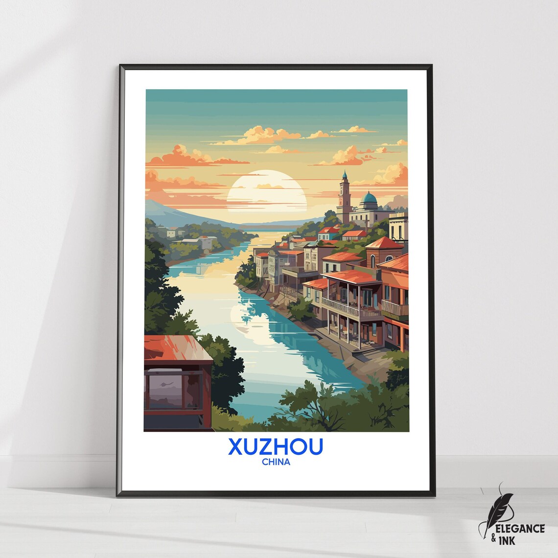 Xuzhou China Riverside Sunset Travel Poster with Hillside Homes