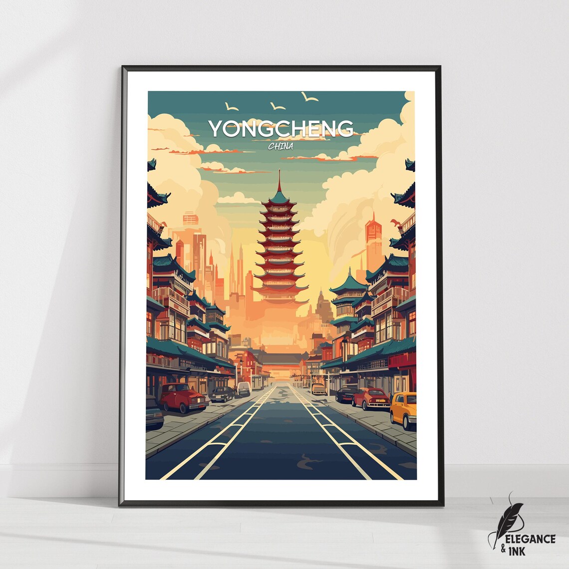 Yongcheng China Pagoda Street With Vintage Clouds Travel Poster