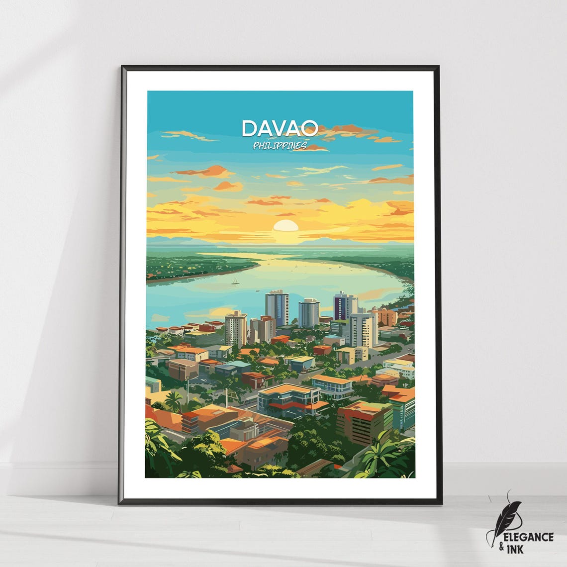 Davao Philippines White-Lettered Sunset Bay Poster with Harbor View