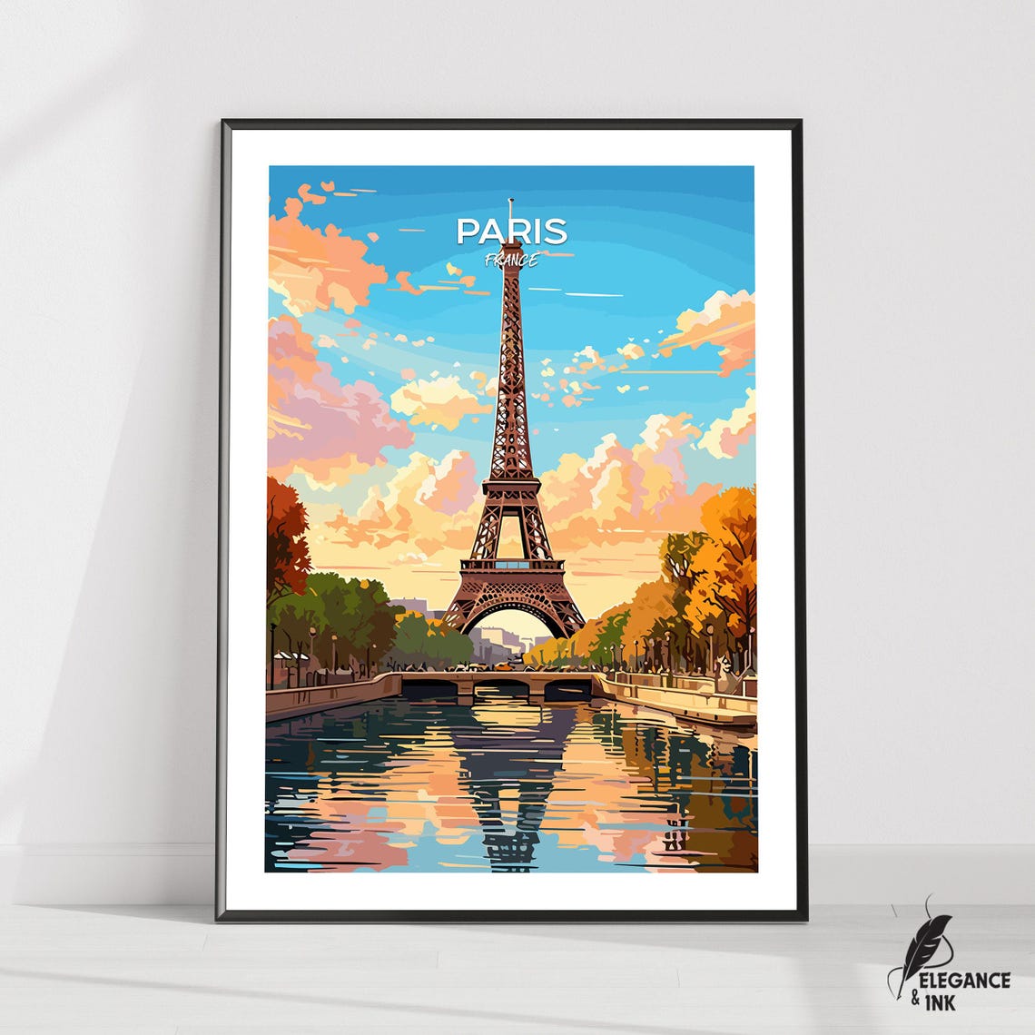 Paris France Eiffel Tower Sunset Reflection River Travel Poster