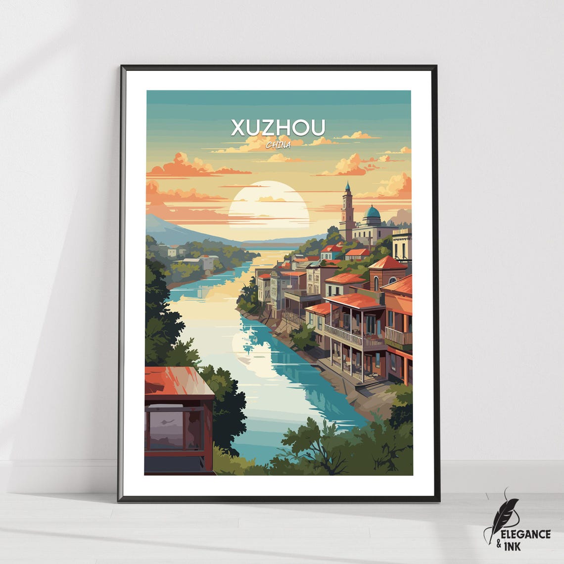 Xuzhou China Riverside Sunset Old Town Vintage Travel Poster