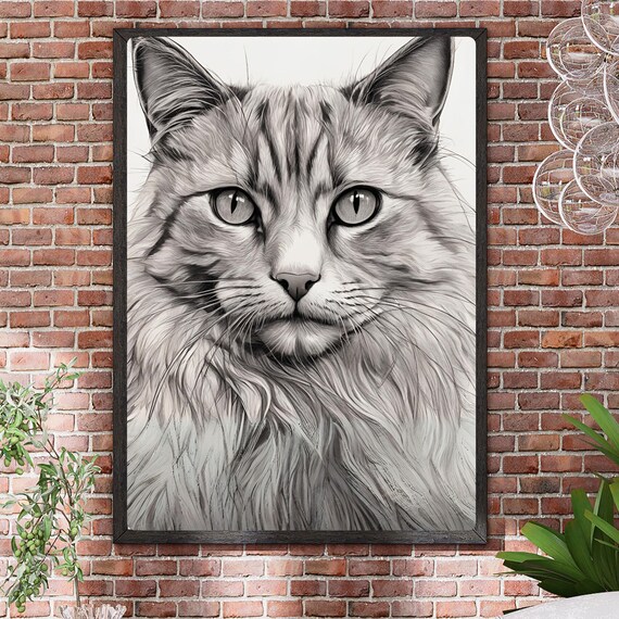 Fluffy Long Haired Tabby Cat Realistic Black White Portrait Poster