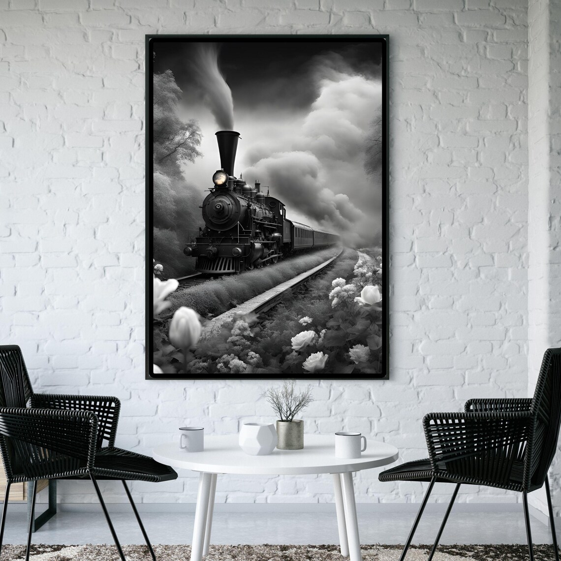 Romantic Steam Train Vintage Locomotive, Floral Scenery - Image 2