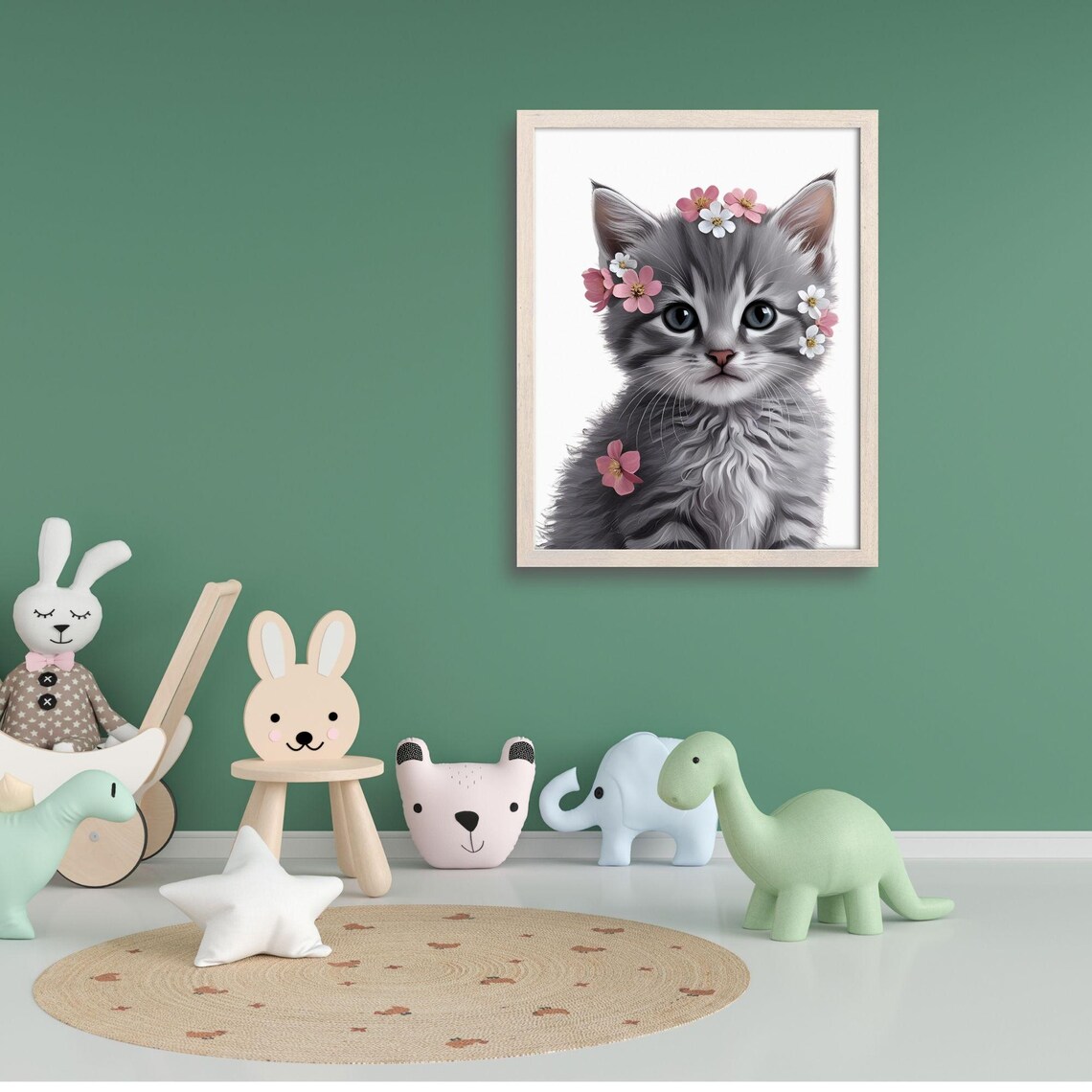 Adorable Gray Kitten With Pink White Blossom Flowers Cute Pet Poster - Image 3