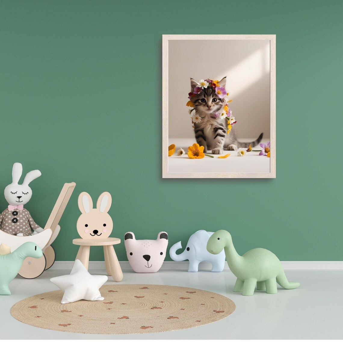 Whimsical Minimalist Floral Kitten, Cute Cat Nursery Decor - Image 2