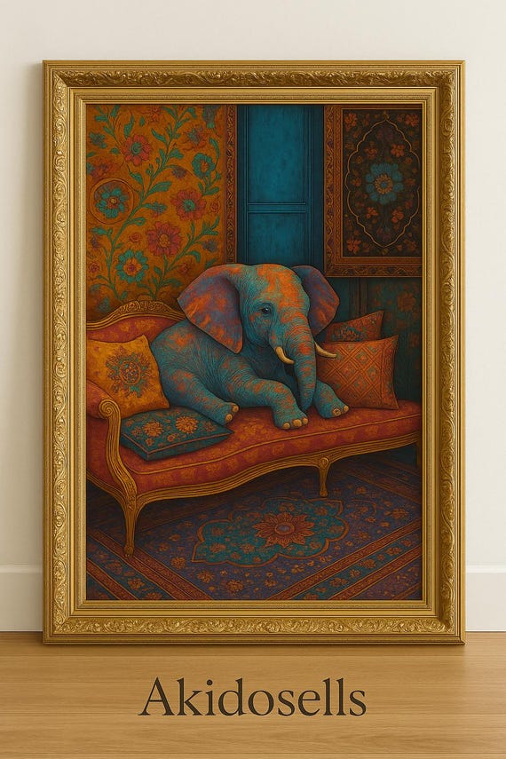 Whimsical Elephant On A Chaise Vibrant Boho Wall Art Cozy Living Room Decor Print Pdf