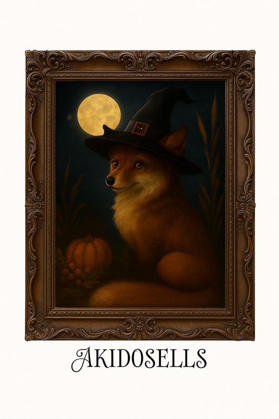 Enchanted Autumn Fox Cozy Witch Hat Wall Art Whimsical Fall Artworkdigital Print Pdf