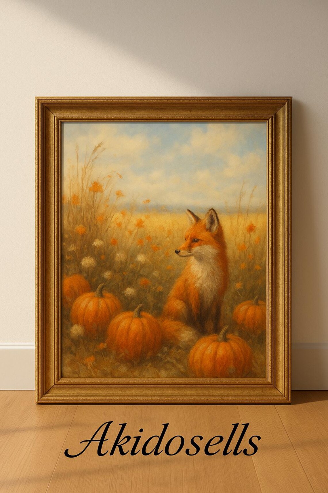 Autumn Fox Wall Art Cozy Pumpkin Field Print