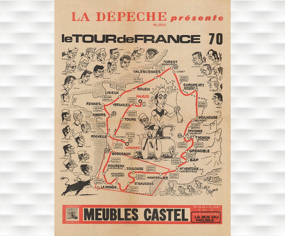 Le Tour de France 70 La Depeche Cartoon Route Map Vintage Poster