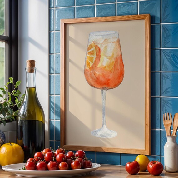 Aperol Spritz Cocktail Glass Watercolor Kitchen Bar Art Print