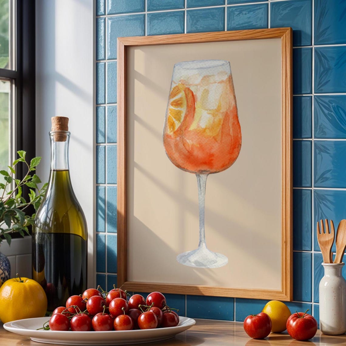 Aperol Spritz Cocktail Glass Watercolor Kitchen Bar Art Print