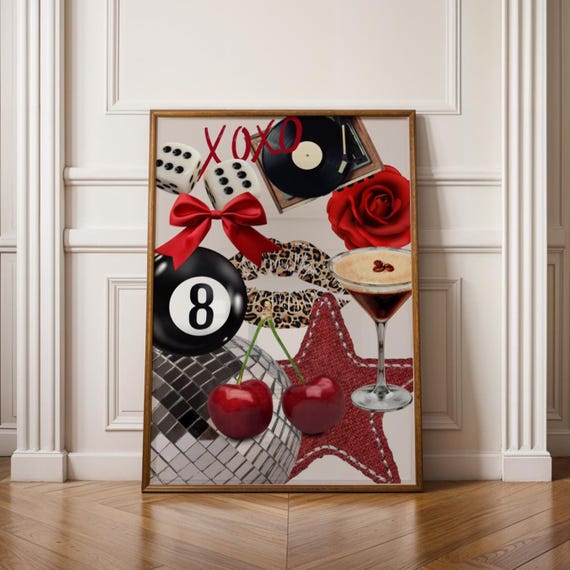Disco Cherries Collage Red Print Bar Cart Art Dorm Room Posters Ibiza Festival Prints Physical Bold Funky