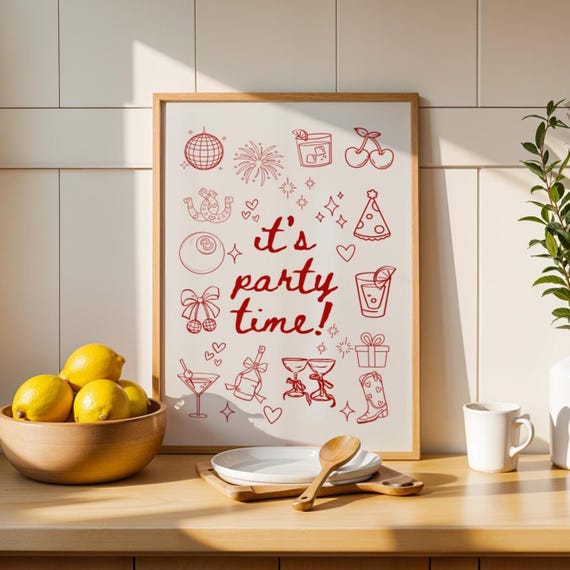 Its Party Time Print Physical Prints Kitchen Art Cherry Disco Poster Cute Funky Girls Birthday Gift Ibiza Theme