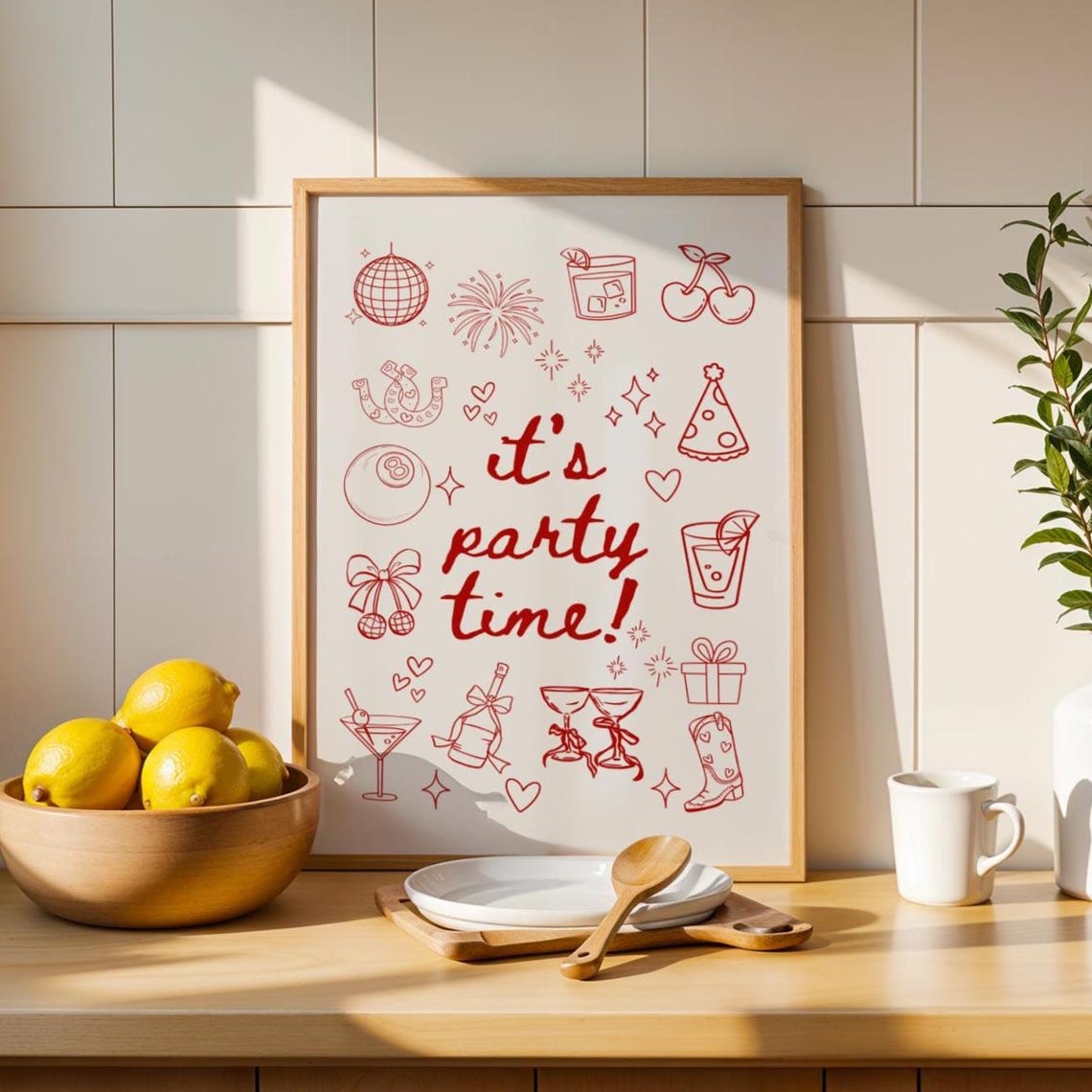 It's Party Time Red Doodle Icons Birthday Celebration Party Poster