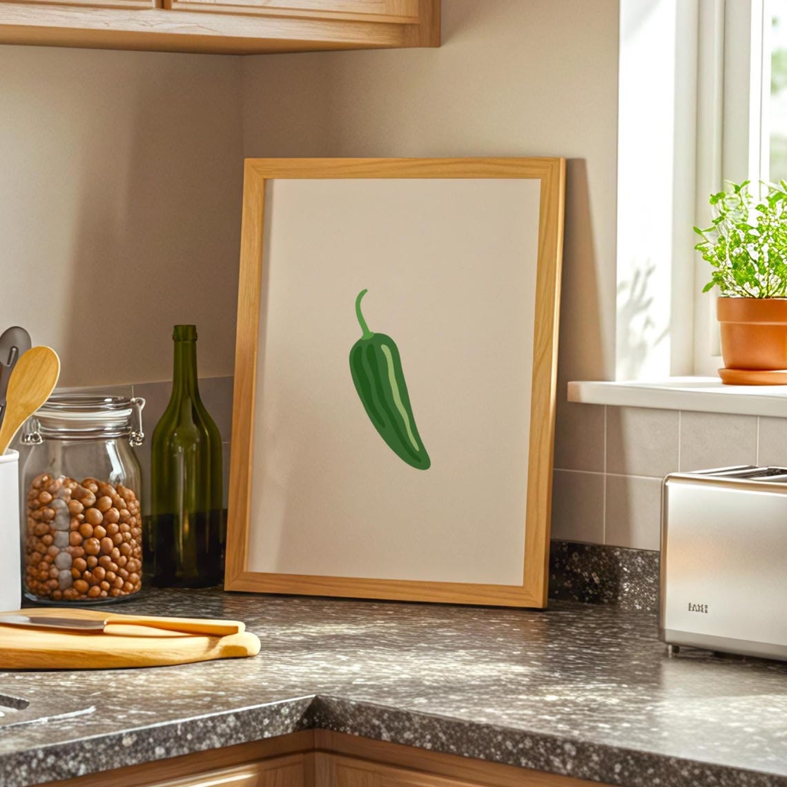 Green Jalapeno Chili Pepper Minimalist Kitchen Beige Decor Poster