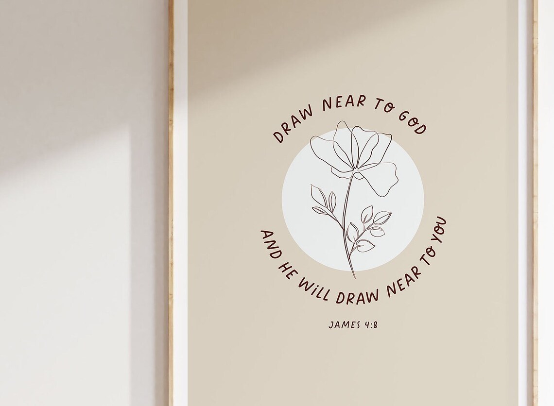 James 4:8 Draw Near To God Floral Line Art Bible Verse Christian Poster - Image 2