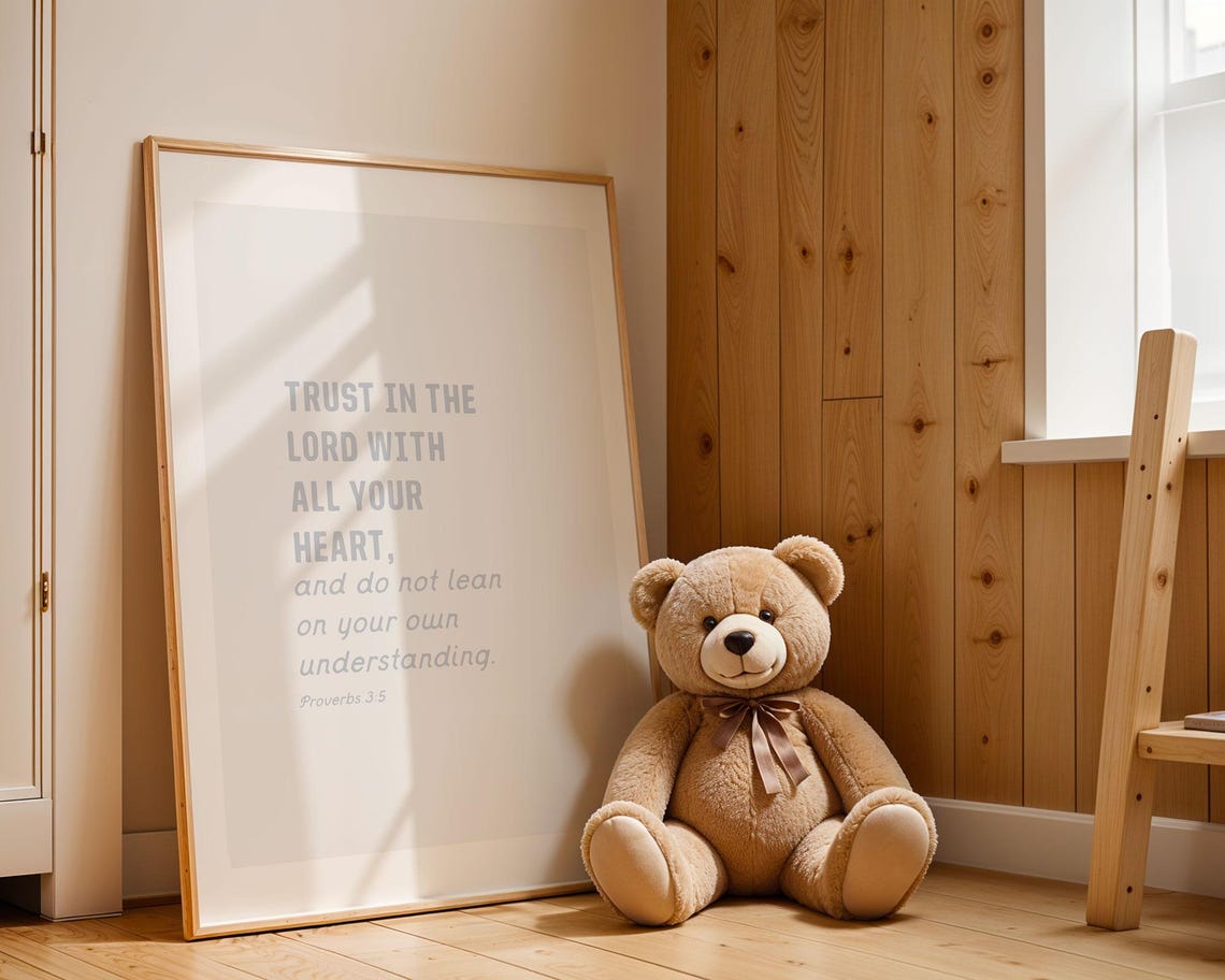 Proverbs 3 5 Trust In The Lord Soft Blue Grey Nursery Bible Poster - Image 4