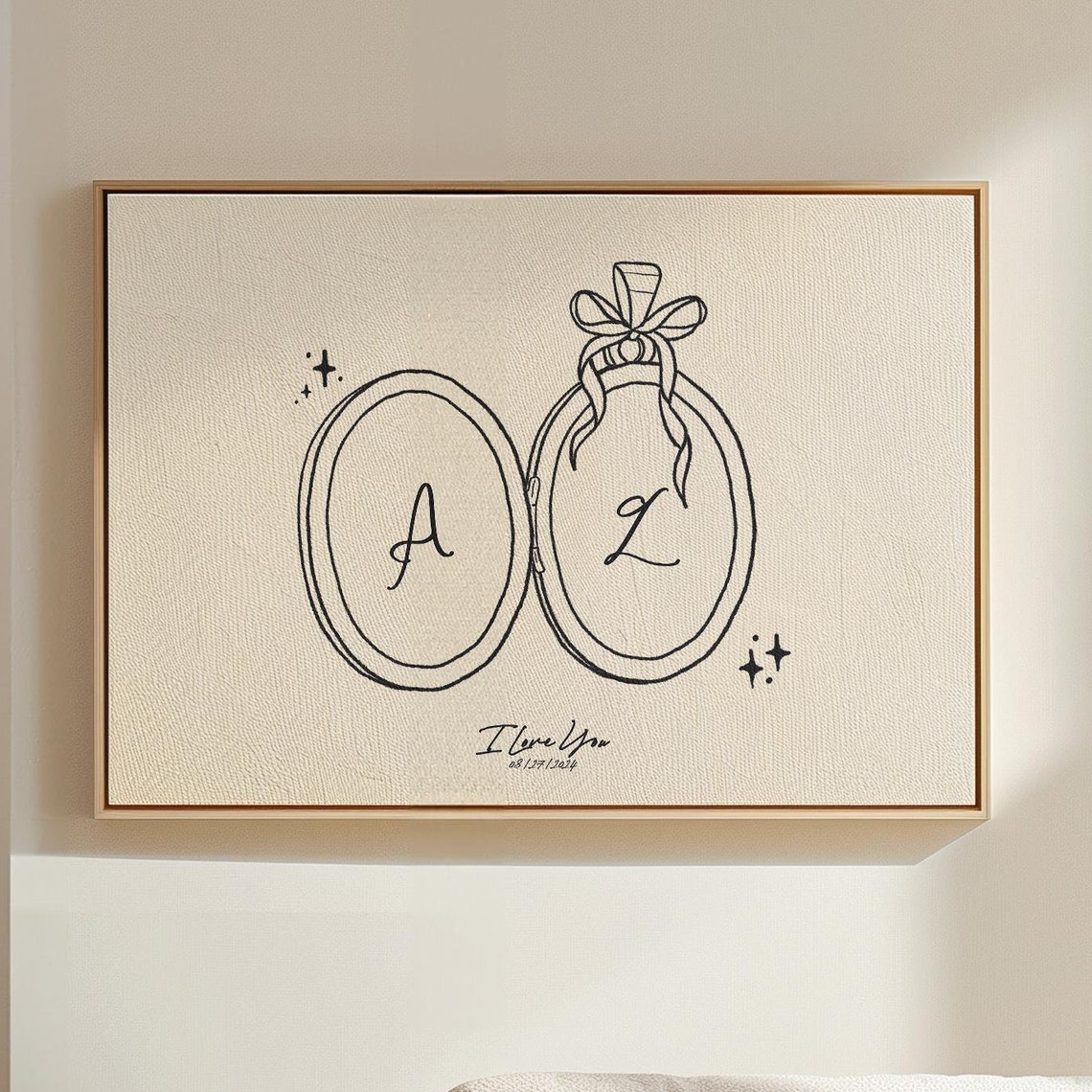 Custom Couple Initials Locket Line Art Personalized Anniversary Poster