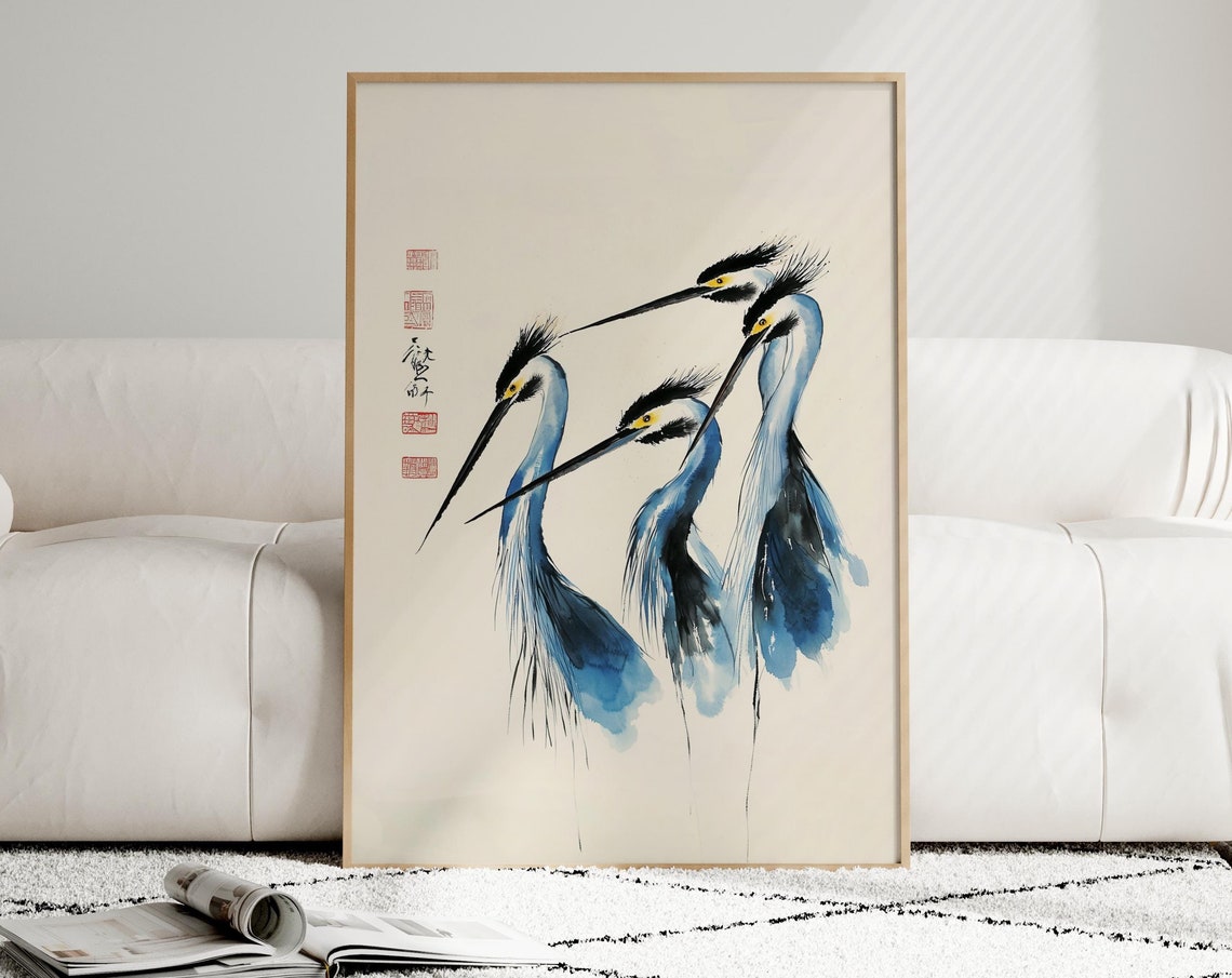 Japanese Ink Crane Herons with Calligraphy Watercolor Bird Poster