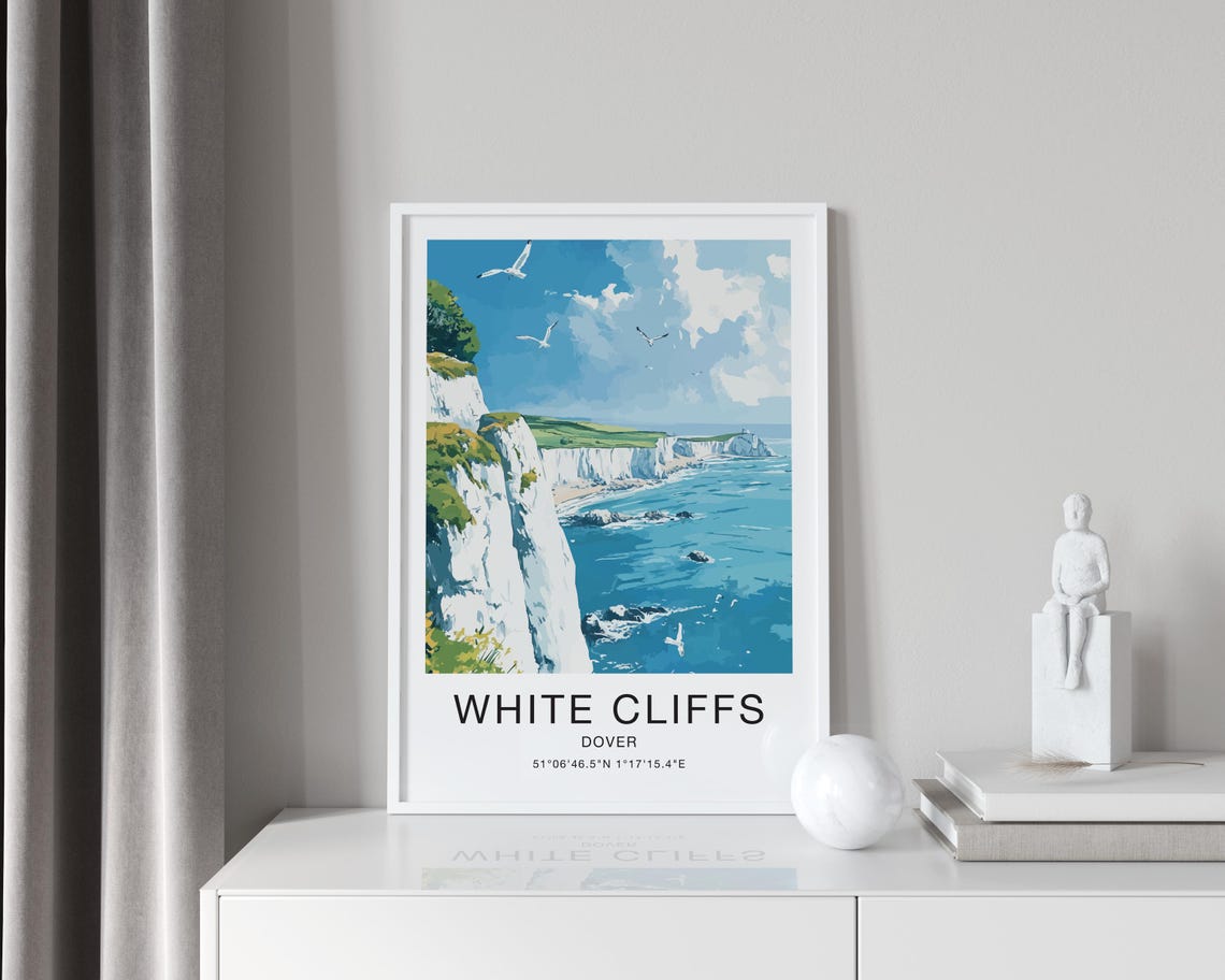 White Cliffs Dover England Poster Seagulls Coast Ocean Waves Artwork - Image 4