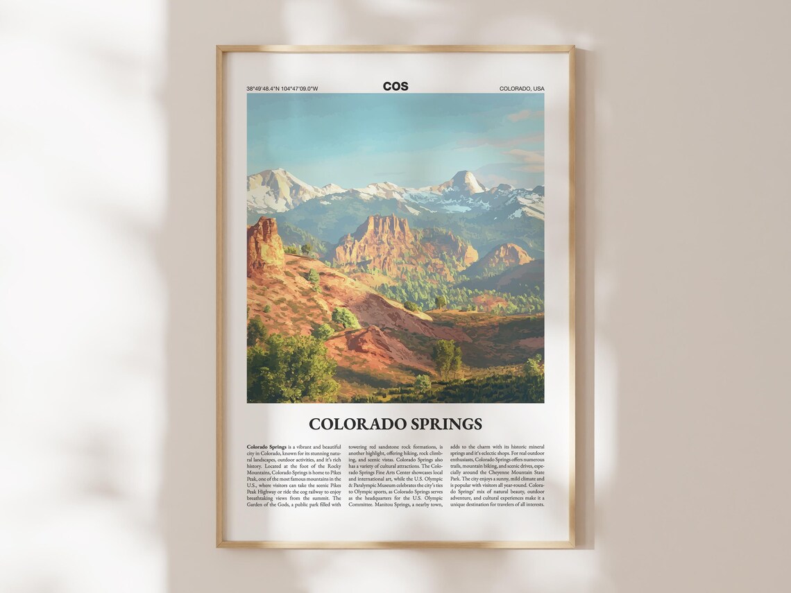 Colorado Springs Poster City Guide Red Rocks Snowy Peaks Artwork