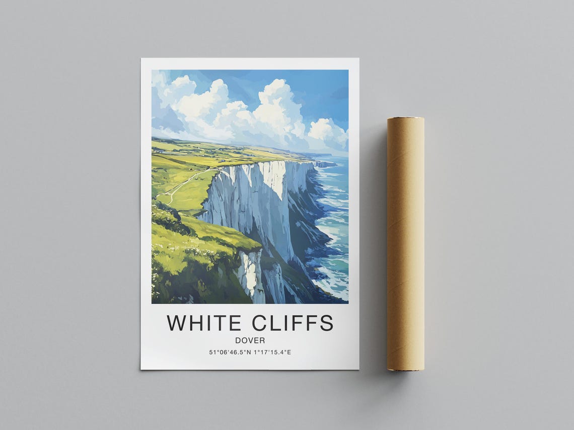 White Cliffs Dover England Travel Poster Chalk Cliffs Green Hills Art - Image 2