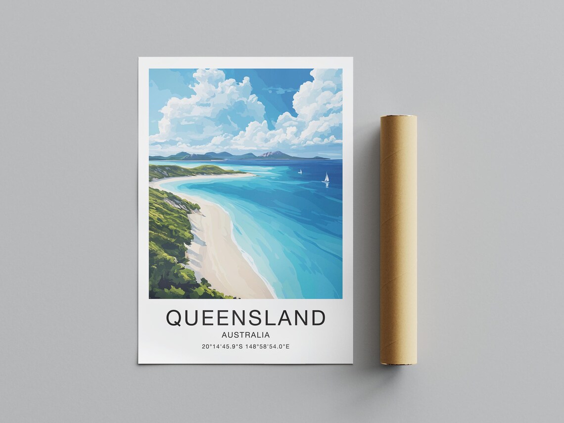 Queensland Australia Travel Poster Curving Beach Sailboats Ocean Art - Image 2