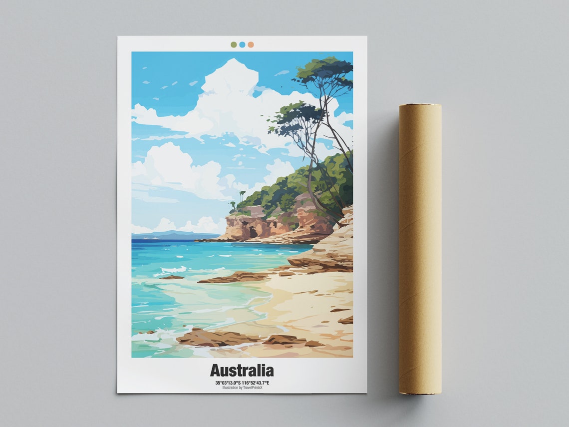 Australia Travel Poster Sandy Cove Turquoise Water Red Rocks Artwork - Image 4